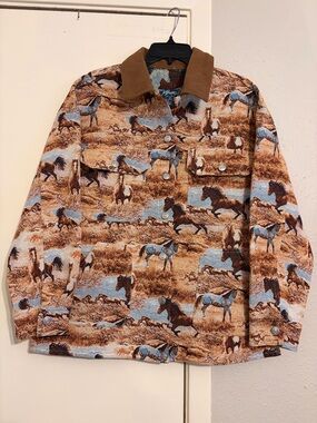 Horse Print Overshirt Jacket in Brown & Light Blue